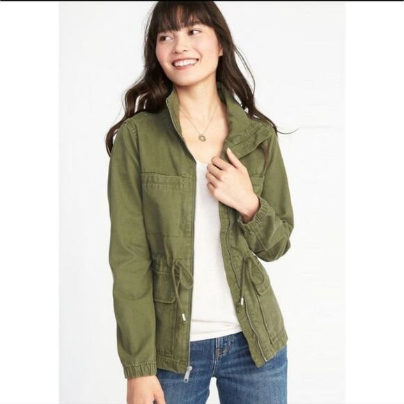 XS Old Navy linen blend utility cargo jacket, 4 pockets olive green high collar - Picture 2 of 4